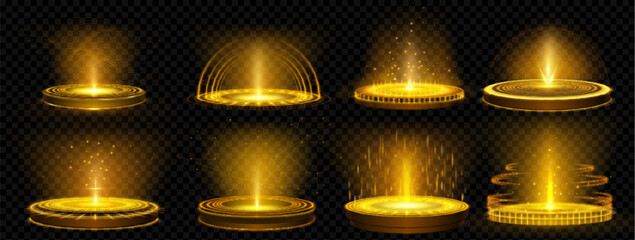 Poster - Golden game hologram light circle podium teleport. 3d magic technology neon glow hud platform element vector design set. Fantasy energy stage with sound wave, plexus line, stardust and arch sparkle