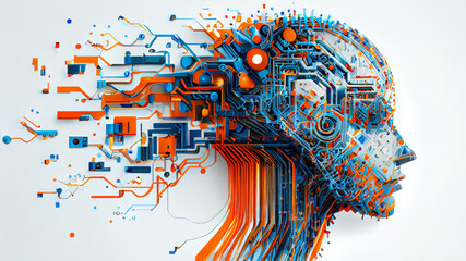 Realistic Artificial intelligence. Computer mind connections head. Human head with circuit board inside. Engineering concept. Technology web background. Virtual concept