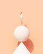 Woman balancing sphere cone balance peach wall background warm summer sunlight 3d illustration render digital rendering