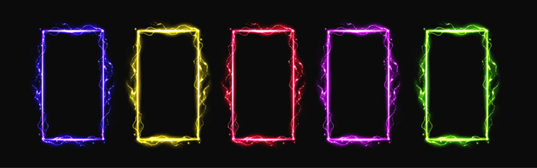 Poster - Neon lightning effect electric glow frame vector. Magic spark border with thunder sign energy. Magic portal rectangle shape with led plasma discharge in pink, green, gold, purple bright color.