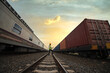 Engineer inspects container train of transport company Distribution and transportation of goods by rail A container train passing through an industrial area
