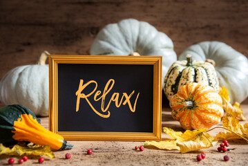 Wall Mural - autumn pumpkin decoration, text relax, golden frame