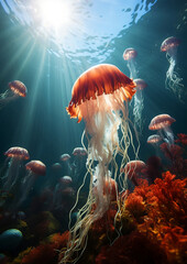 Wall Mural - Red jelly fish with long tentacles swimming in the blue ocean in the rays of sunlight