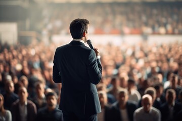 back view of motivational speaker standing on stage in front of audience for motivation speech on co