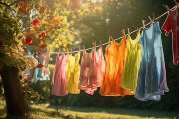 After being washed, childrens colorful clothing dries on a clothesline in the yard outside in the sunlight. protection against colored cloth fading. Organic baby detergents and washing.