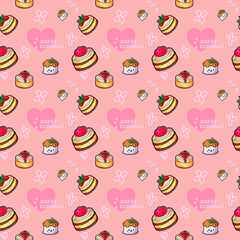 Wall Mural - Seamless pattern with cute cakes on pink background.
