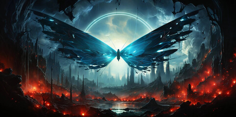 Wall Mural - a fantasy backdrop of a butterfly with its wings spread over an alien world generative ai