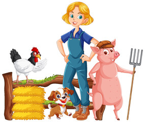 Wall Mural - Farm girl cartoon with farm animal