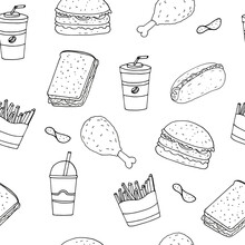 Fast Food Seamless Pattern Hand Drawn In Doodle Style.