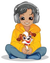 Sticker - Boy holding pet sitting on the floor listening to music with headset