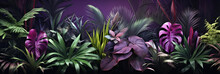 Tropical Plants Banner On Purple Background. Jungle Tropic Plant Leaf And Flower Variety, Violet And Green Colors.