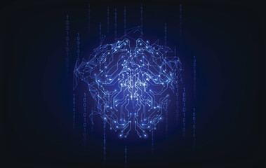 Poster - Circuit board in shape electronic brain with Symbol of computer neural networks or artificial intelligence in neon cyberspace with glowing title on palm scientist