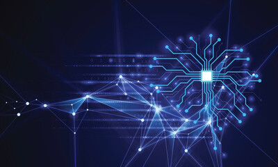 Poster - Circuit board in shape electronic brain with Symbol of computer neural networks or artificial intelligence in neon cyberspace with glowing title on palm scientist