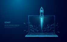 Abstract Rocket Takes Off From The Laptop Screen. Spaceship Launch With Smoke. Start Up And Boosting Concept. Low Poly Wireframe Vector Illustration On Technological Blue Background. 3D Effect.