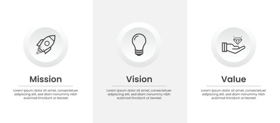 Mission, Vision and core values template with eye catchy icons, business starting decision steps, vector illustration eps 10
