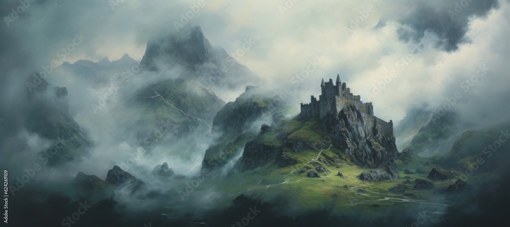 Mysterious medieval castle on a rocky mountain cliff shrouded in dense ...