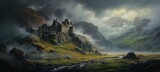 Fototapeta Do akwarium - Mysterious medieval castle on a rocky mountain cliff shrouded in dense dark cold morning fog with sunlight barely piercing the cloud cover - generative AI