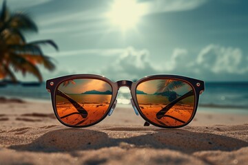 Shades of Serenity Sun-kissed Beach Vibes Through the Lens of Sunglasses. Travel concept.