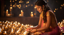 Indian Woman Lighting Up Candles At Diwali Festival. Diwali Festival Greeting Postcard