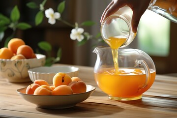 Aufkleber - Woman pouring Apricot juice from jug into glass.