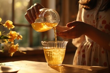 Aufkleber - Woman pouring Apricot juice from jug into glass.