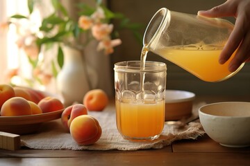 Aufkleber - Woman pouring Apricot juice from jug into glass.