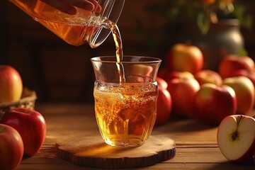 Wall Mural - woman pouring apple juice into glass.