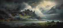 Mysterious Medieval Castle On A Rocky Mountain Cliff Shrouded In Dense Dark Cold Morning Fog With Sunlight Barely Piercing The Cloud Cover - Generative AI