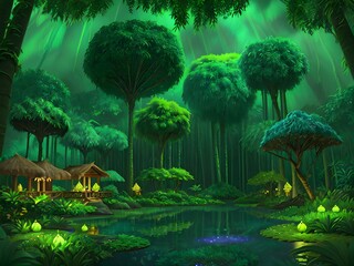 Wall Mural - Tropical night forest with magic lights, Generative AI Illustration