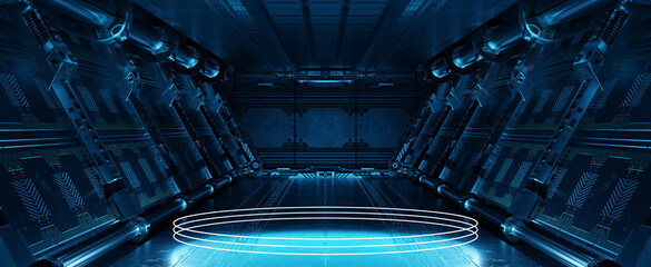 Aufkleber - Blue spaceship interior with glowing neon lights podium on the floor. Futuristic corridor in space station with circles background. 3d rendering