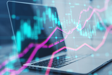 Poster - Close up of laptop at workplace with glowing forex index chart with grid on blurry background. Market, finance and online trading concept. Double exposure.