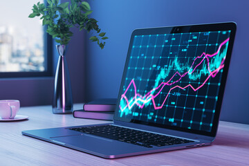 Poster - Close up of laptop with forex chart on screen at office workplace with window, city view and various items. Market, finance and online trading concept. 3D Rendering.