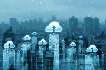 Poster - Metaverse, smart city and digitalization concept with digital cloud symbols above skyscrapers visualization on blurred city skyline background with binary code numbers. 3D rendering