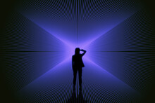 Conceptual Image Of Businesswoman Silhouette On Bright Blue Lines Background. Success, Metaverse And Direction Concept.