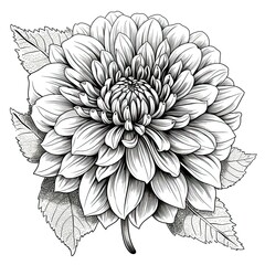 Wall Mural - Black and white dahlia flower drawing illustration with line art on white backgrounds. Generative AI