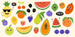 Fruit and berries characters emotion face collection in Cartoon style. Hand drawn Summer funny cute child food icon. Vector illustration