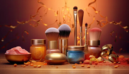 beautiful cosmetics and makeup brushes on color background,generative ai