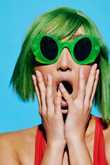 Summer woman green smile hair wig lips swimsuit trendy fashion portrait beauty red sunglasses