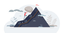 Hard Work And Successful Effort Determination Process Tiny Person Concept, Transparent Background.Achievement Motivation As Businessman Pushing Rock On Mountain Illustration.