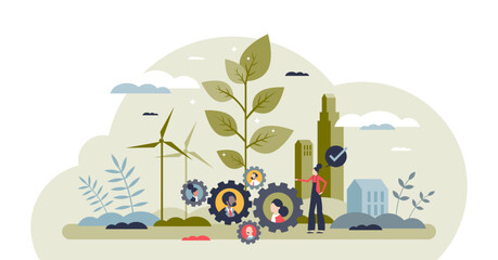 Corporate social responsibility or CSR business strategy growth tiny person concept, transparent background. Sustainable, environmental and nature friendly company development.