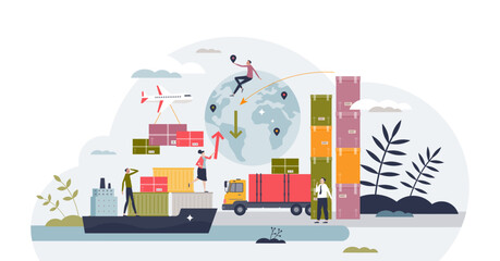 Wall Mural - Supply chain management or SCM as logistics, warehouse inventory and sales planning tiny person concept, transparent background. Global transportation network with export.