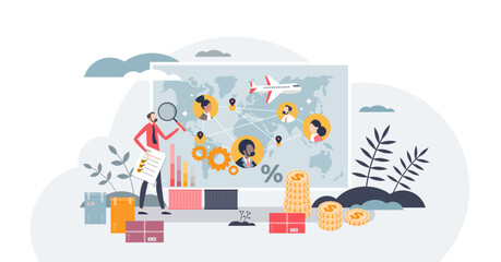 Wall Mural - Vendor management and business supply chain planning tiny person concept, transparent background. Suppliers and logistics financial optimization for effective worldwide shipping illustration.