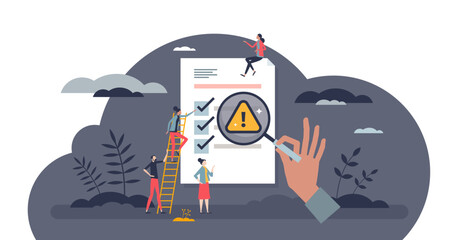 Risk assessment and safety checklist business evaluation tiny person concept, transparent background. Company document inspection for possible threats and problem points.