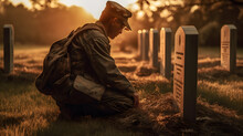 Military Man Kneeling Of Grave Fallen Soldier, Sunset. Concept Veteran Of War. Generation AI.