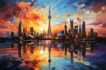 Aufkleber - In this artwork, the Burj Khalifa is depicted in an abstract cubist style. The image deconstructs the structure into fragmented planes and angles Generative AI technology.