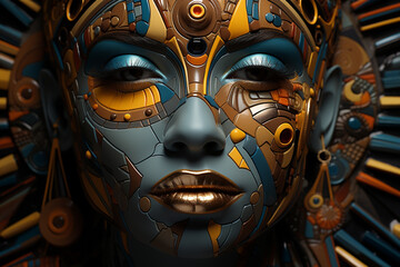 Poster - A complex, multi-layered pattern of interlocking shapes that resembles a Pharaoh face.  Generative AI.