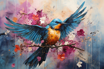 Fototapete - An abstract painting inspired by the mesmerizing patterns formed by a murmuration of starlings. Generative AI.