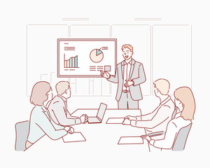 Wall Mural - business people are working in office. handsome young businessman is making presentation for his col