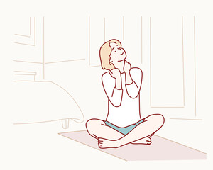 fitness, home and diet concept - smiling teenage girl streching on floor at home. Hand drawn style vector design illustrations.