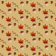 Autumn pattern with mushrooms, rowan branch, maple leaf, acorn and seeds. Warm autumn pattern. Vector illustration.